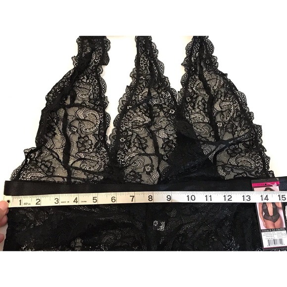 Plunging Lace Halter Teddy with Halter Back, Sexy Lingerie, Black, Size 1X-2X - Picture 6 of 15